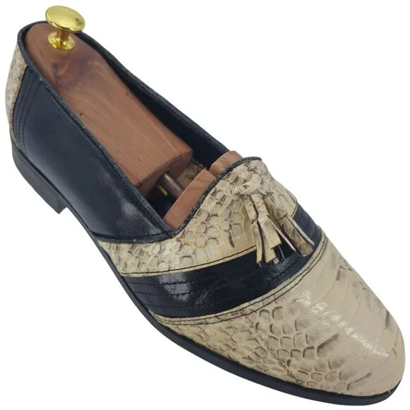 Vintage NEW Exotic Snakeskin 10.5D Dress Shoes Natural Cream Black Tassel Loafer - Picture 1 of 11